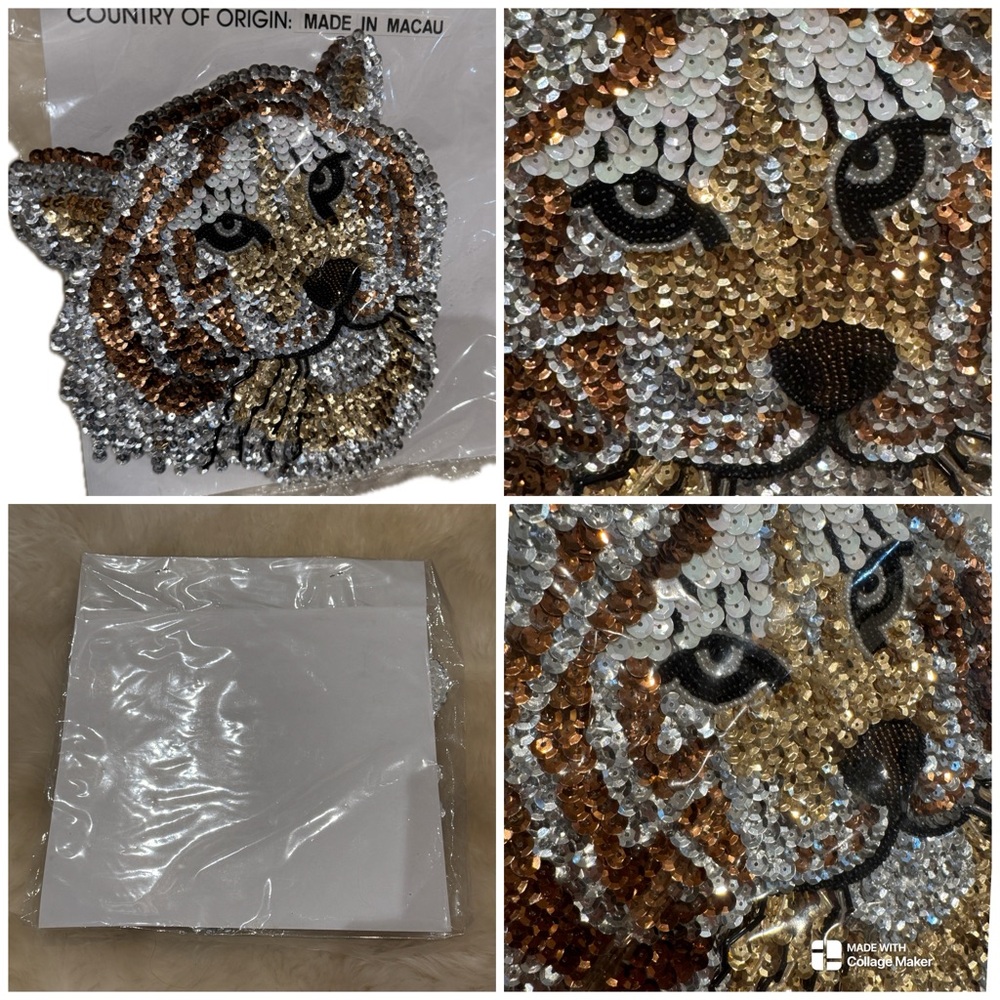 Vintage Silver Gold Tigers Head Appliqué Sequins And Beads 8.5" ht 8.5 wide NIP